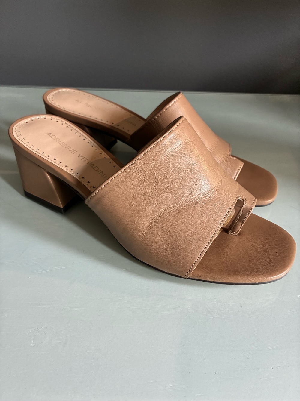 Adrienne Vittadini Nude Tan Leather Open-Toe Block Mules